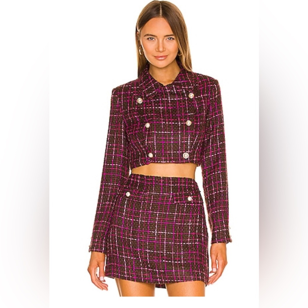 Majorelle crop coat and mini skirt